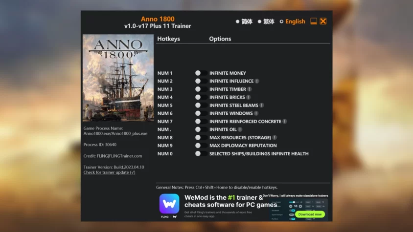 Скриншот трейнер для игры Anno 1800 от Fling