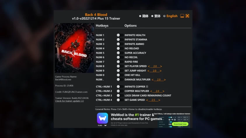 Скриншот трейнера для игры Back 4 Blood