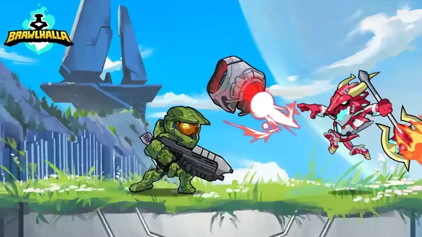 Герой из Halo сражается с противником в броне на фоне футуристической карты