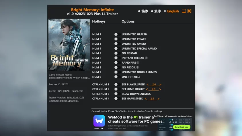Скриншот трейнера Bright Memory: Infinite