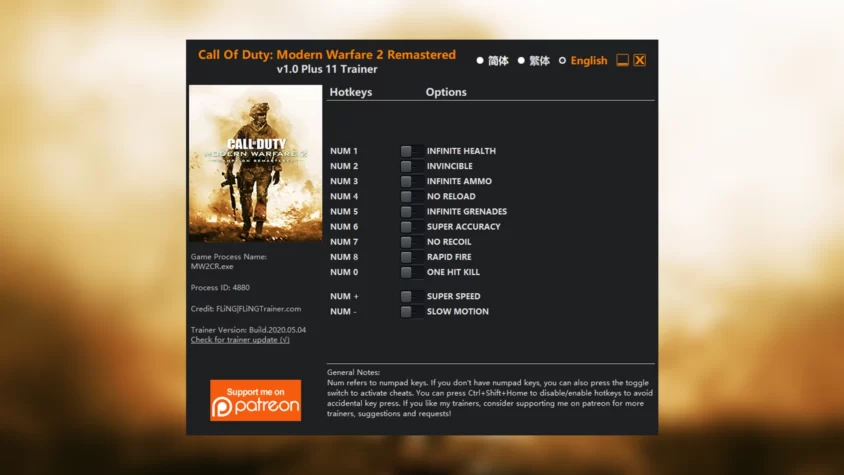 Скриншот трейнера Call Of Duty: Modern Warfare 2 Remastered