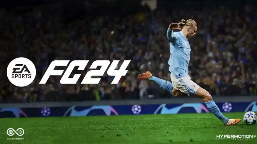 Вижу тебя, Холанд Обложка EA Sports FC 24, на которой игрок наносит удар по мячу.