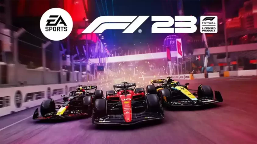 Обложка F1 23 с гоночными машинами на фоне неоновых огней