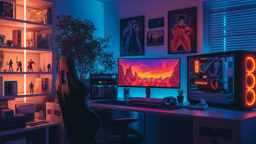 Настольный компьютер с игровым монитором и периферией, настроенный для домашних игр