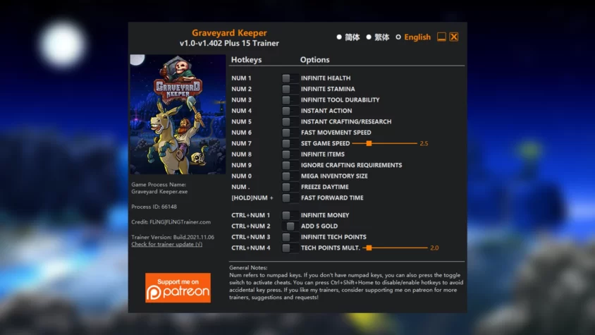 Скриншот трейнера Graveyard Keeper
