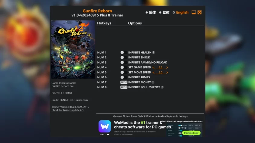 Скриншот трейнера Gunfire Reborn от Fling