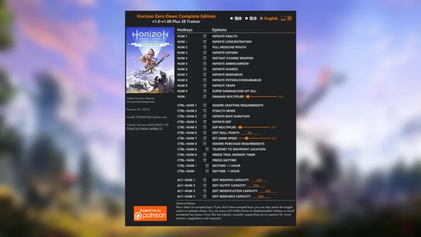 Скриншот трейнера для игры Horizon Zero Dawn
