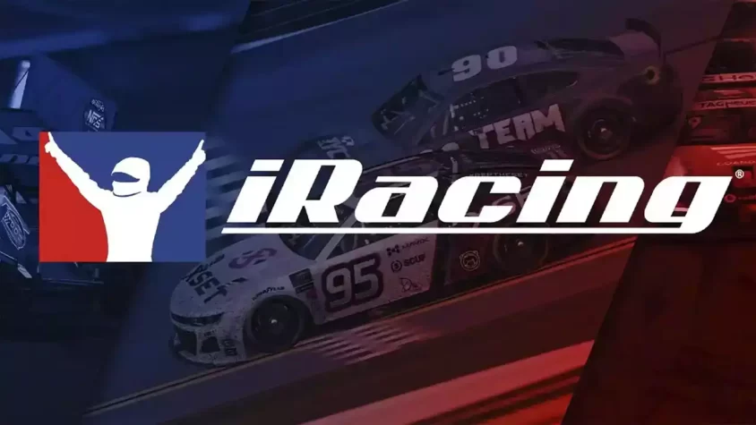 Обложка игры iRacing с логотипом и гоночными машинами на фоне
