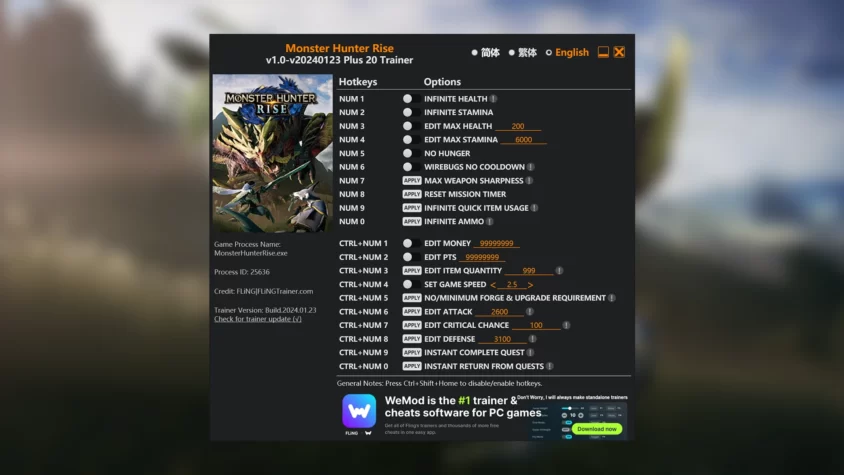Скриншот трейнера Monster Hunter Rise