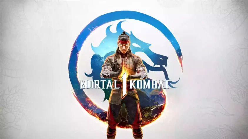 Логотип игры Mortal Kombat с персонажем Лю Кан в центре