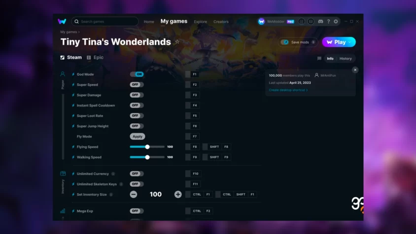 Скриншот трейнера Tiny Tina’s Wonderlands