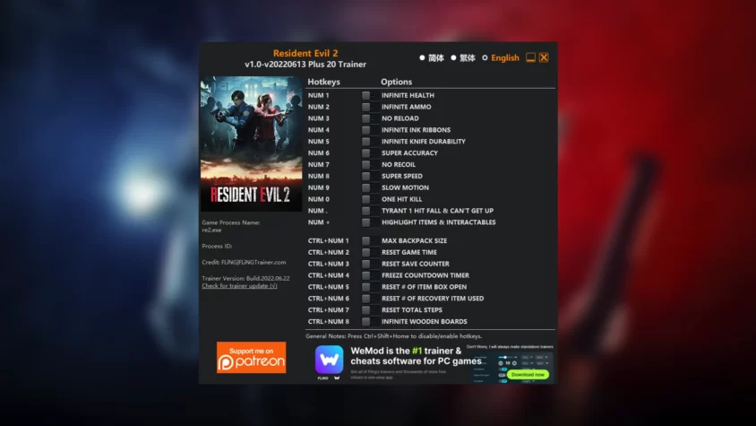 Скриншот трейнера Resident Evil 2