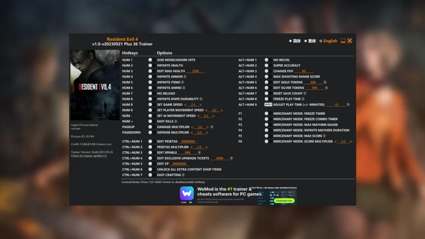 Скриншот трейнера Resident Evil 4 Remake