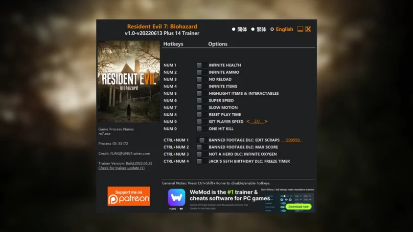 Скриншот трейнера Resident Evil 7: Biohazard