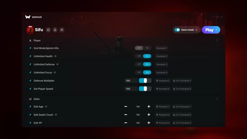 Скриншот трейнера для игры Sifu от WeMod