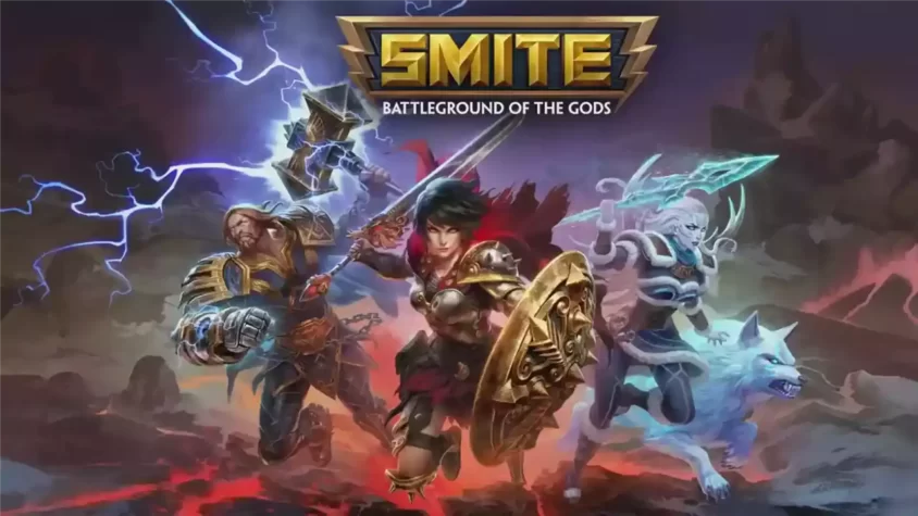 Обложка игры SMITE с изображением богов в боевой стойке