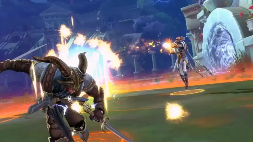 Сражение в игре SMITE с участием мифического воина и мага.
