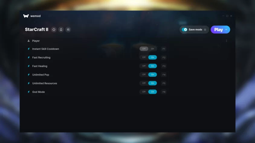 Скриншот трейнера для игры StarCraft II от WeMod