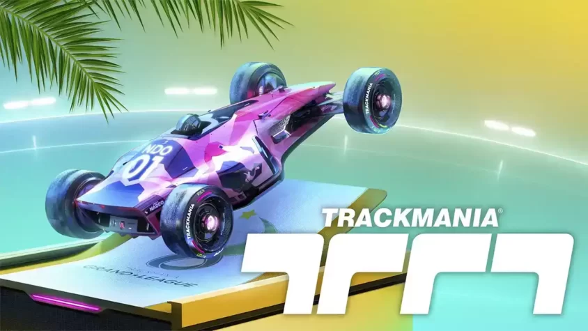 Trackmania: Скорость и стиль на трассе будущего Ярко-розовый гоночный автомобиль Trackmania на футуристической трассе