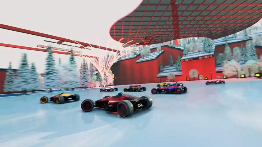 Группа гоночных автомобилей Trackmania, мчащихся по заснеженной трассе