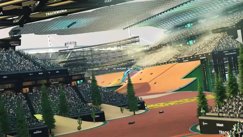 Трибуны Trackmania полные зрителей на фоне гонки