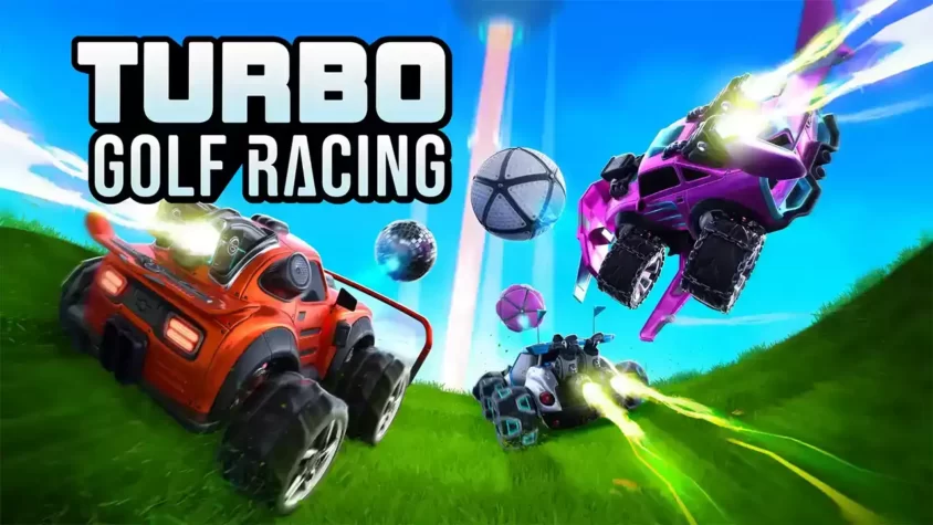 Turbo Golf Racing game cover Оранжевый и фиолетовый гоночные машины летят к гольф-мячу, который мечтает стать звездой футбола