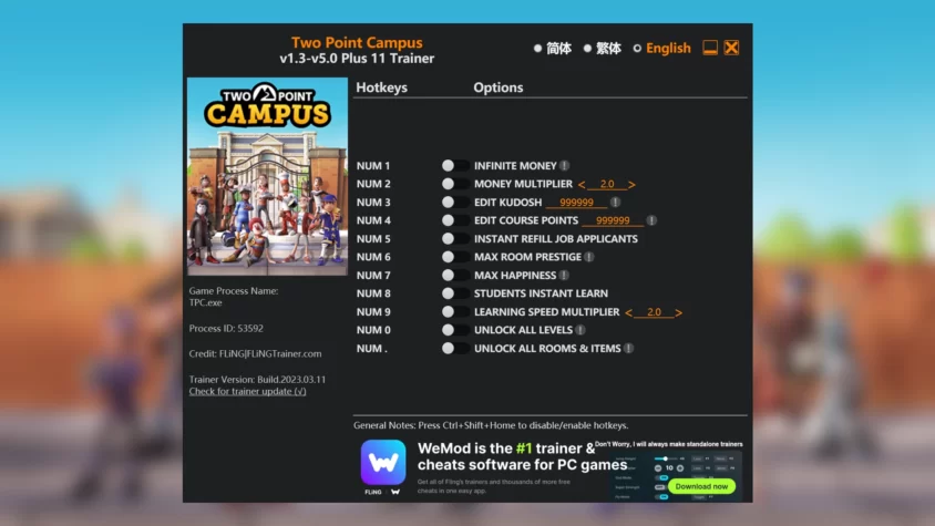 Скриншот трейнера Two Point Campus от Fling