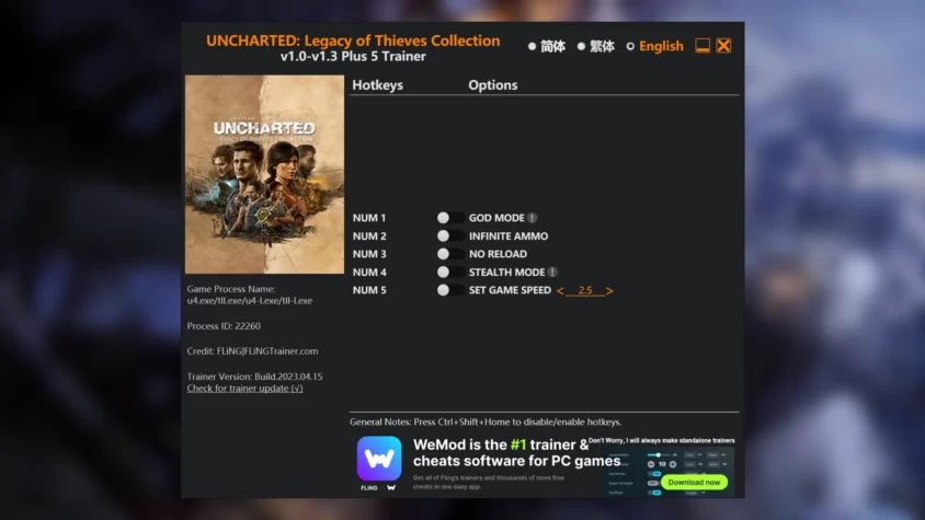 Скриншот трейнера UNCHARTED: Legacy of Thieves Collection