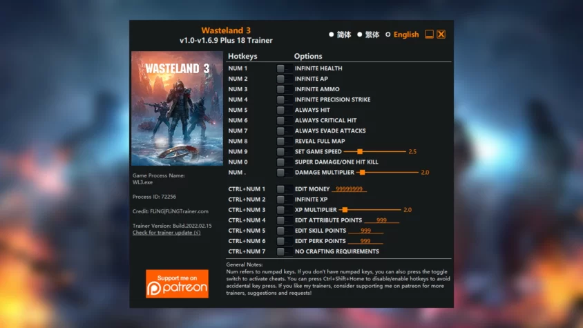Скриншот с опциями трейнера Wastarland 3