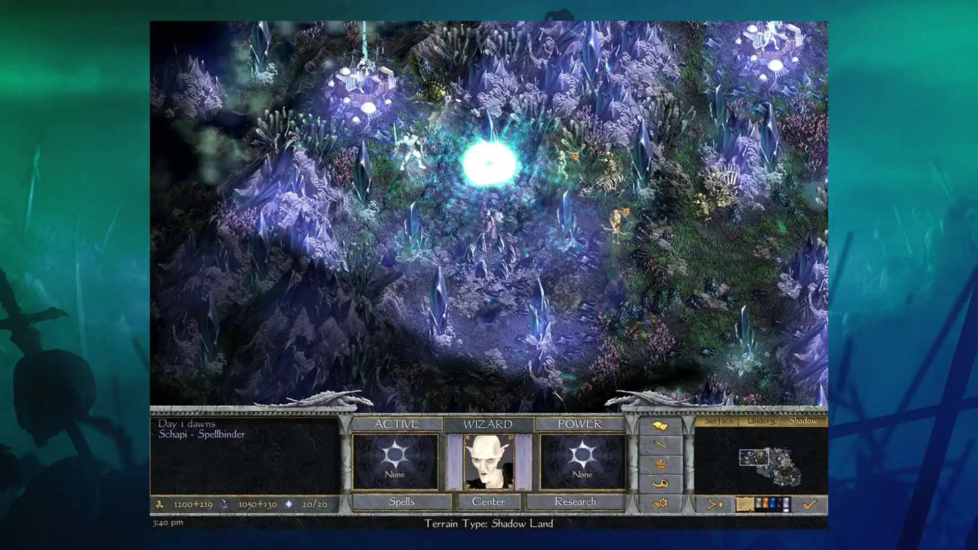 Интерфейс игры Age of Wonders: Shadow Magic с видом на мрачный ландшафт Теневого Мира