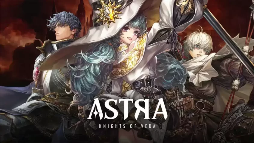 Герои Astra: Knights of Veda на фоне зловещего замка