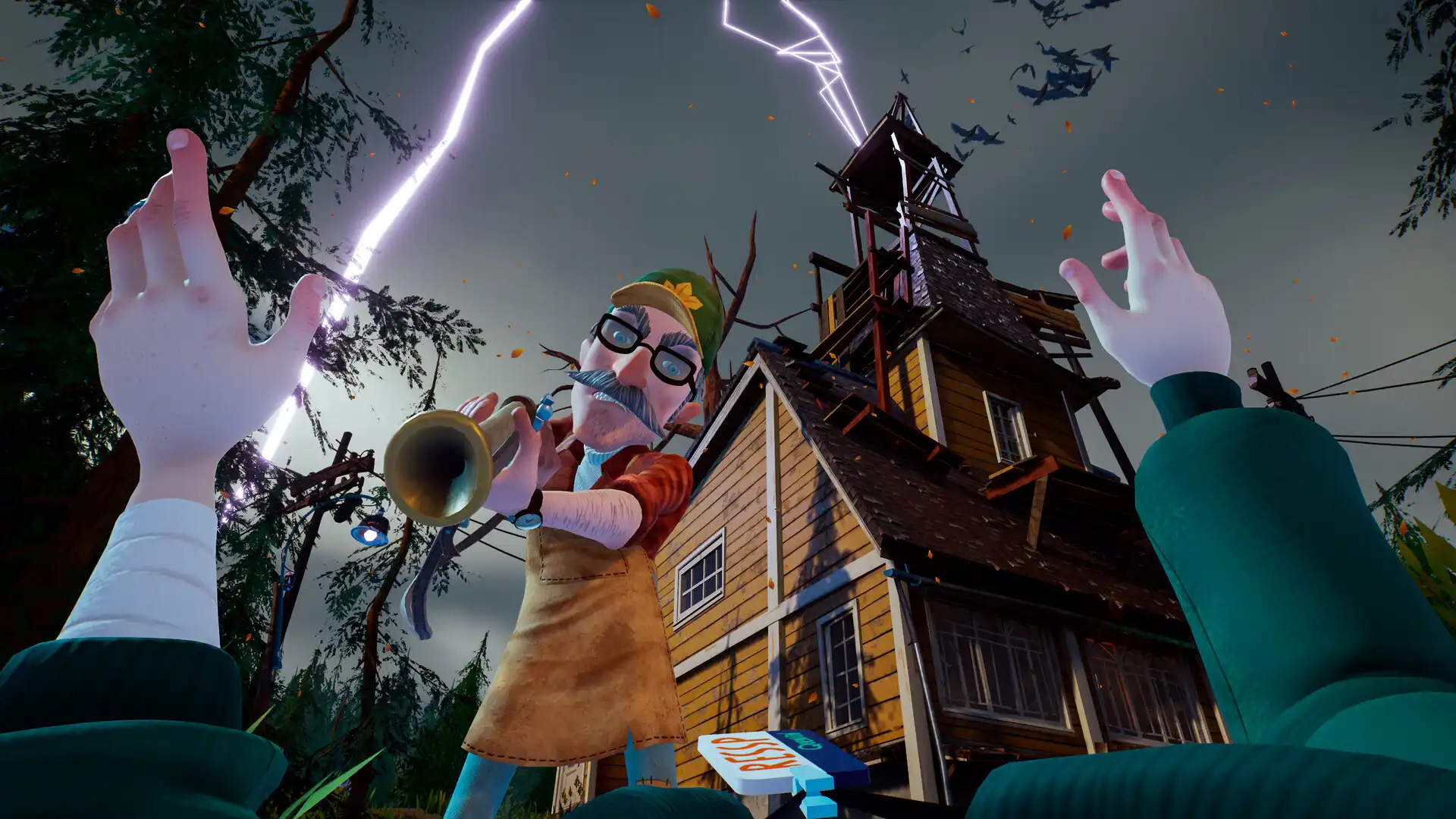 Персонаж игры дует в трубу на фоне молний в Hello Neighbor 2