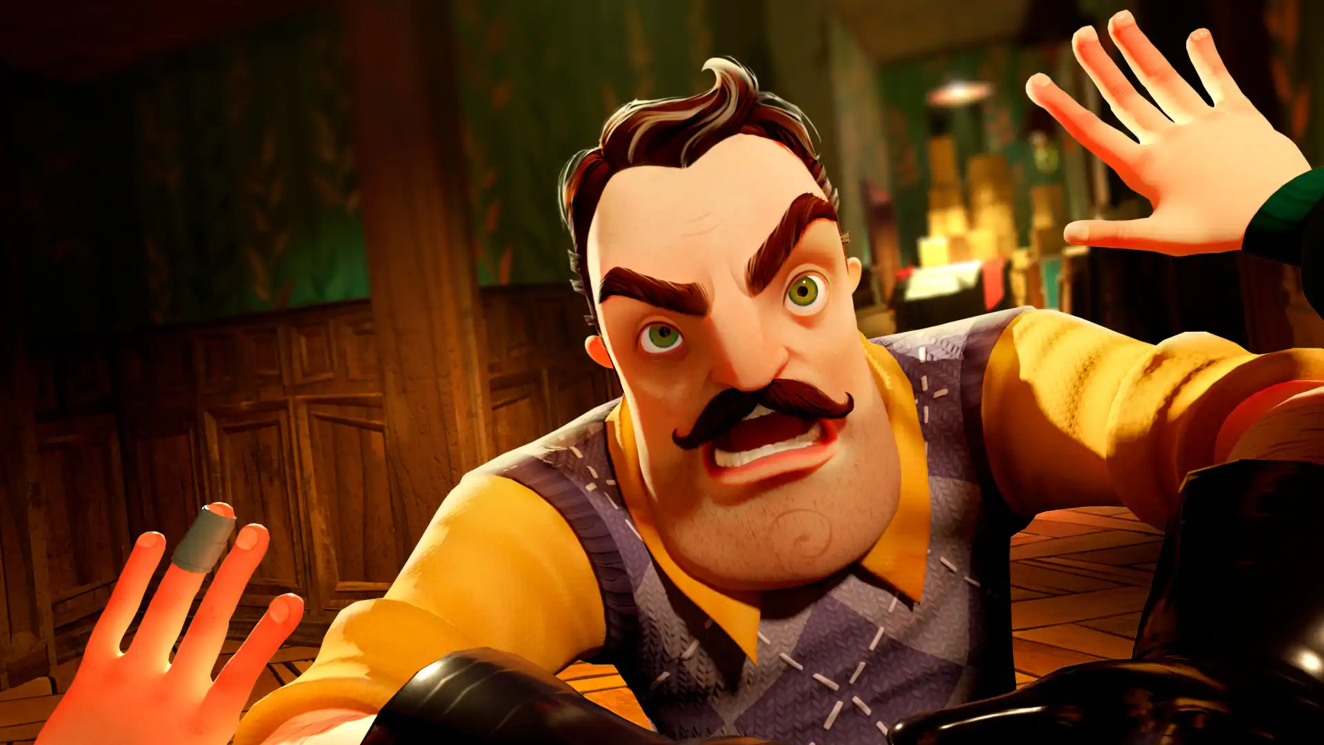 Гневный сосед в погоне за игроком в Hello Neighbor 2