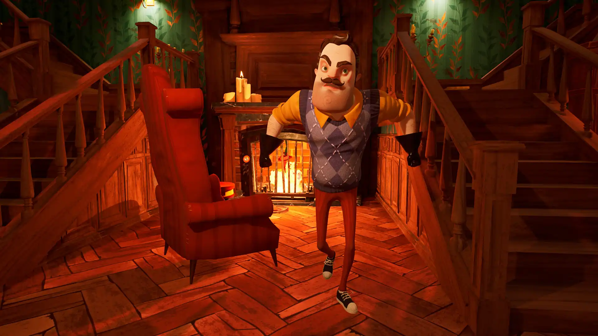 Сосед в ожидании игрока на лестнице в Hello Neighbor 2