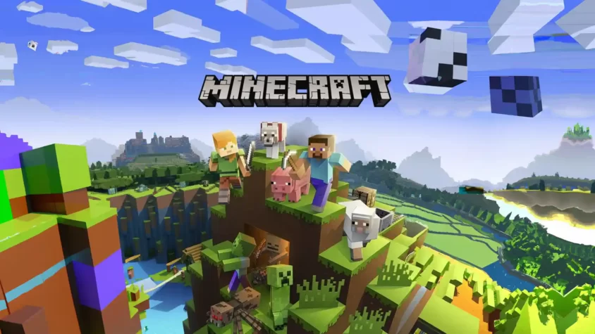 Minecraft game cover Обложка Minecraft с изображением разнообразных блоков и персонажа