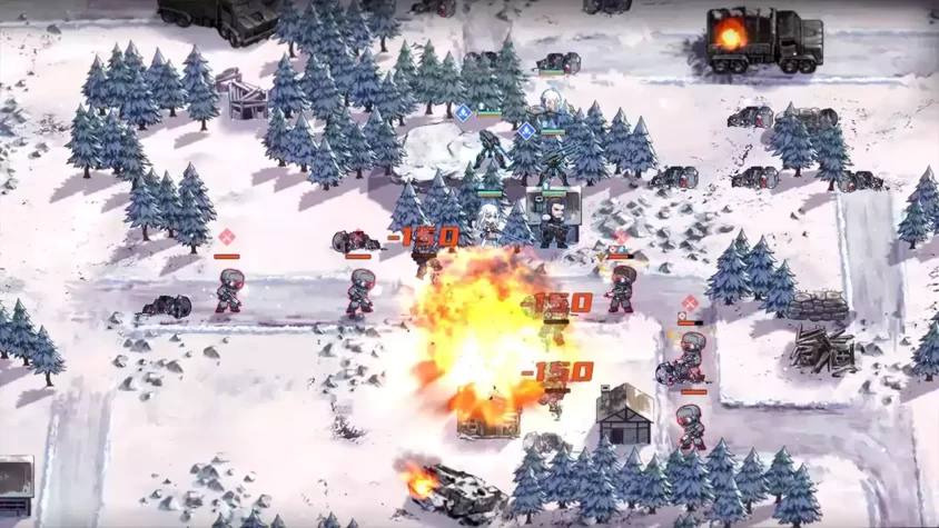Игровой момент с боевыми действиями в зимнем ландшафте в Reverse Collapse.