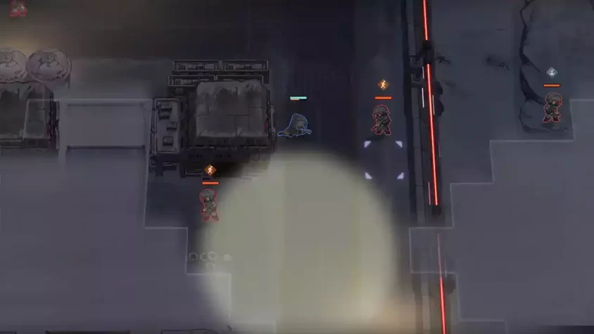 Стелс-момент в игре Reverse Collapse, где персонажи скрыто передвигаются в ночи.