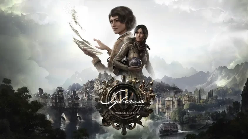 Syberia The World Before game cover Обложка игры Syberia: The World Before с изображением двух женщин на фоне фантастического пейзажа.