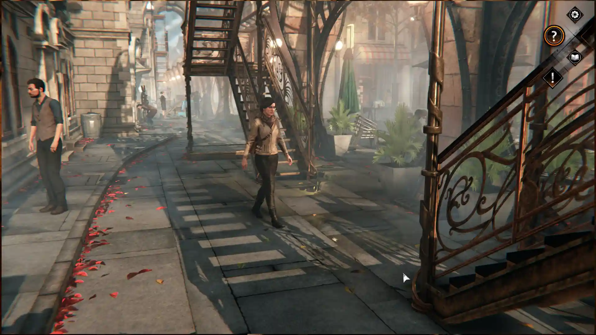 Главная героиня игры Syberia: The World Before идет по улице европейского города.