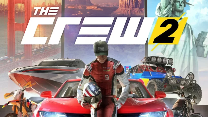 Обложка игры The Crew 2 с гонщиком, различными транспортными средствами и символами США