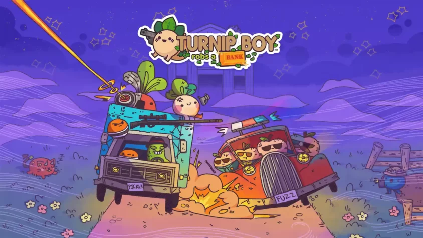 Turnip Boy Robs a Bank game cover Репчатый грабитель под прикрытием ночи, Turnip Boy готовит план на банковскую схему.