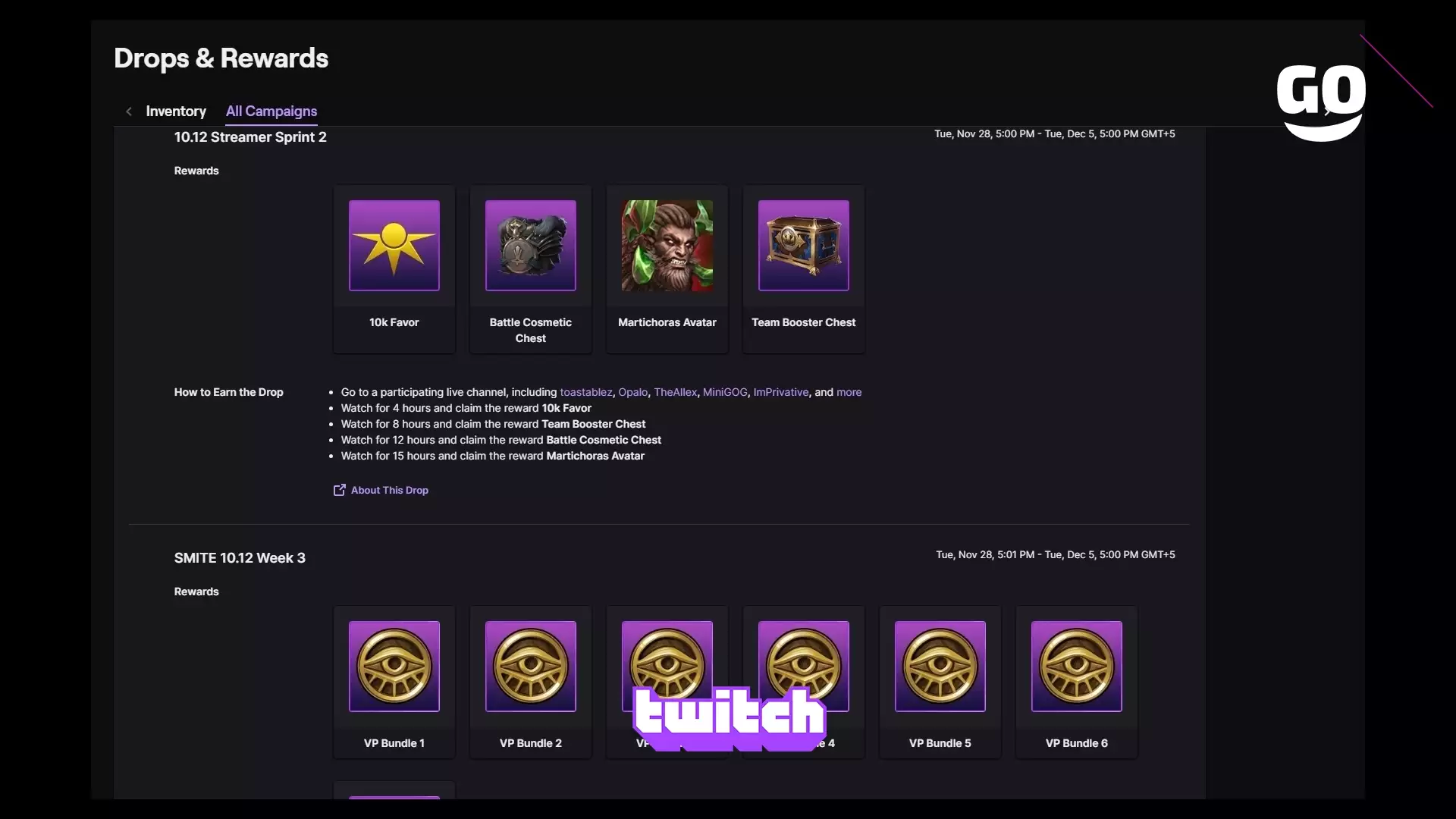Событие Twitch Drops: Развлечение с 10.12 Streamer Sprint 2 в SMITE