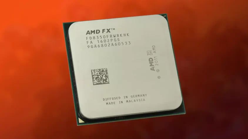 Процессор AMD FX-8350 на фоне оранжевого цвета.