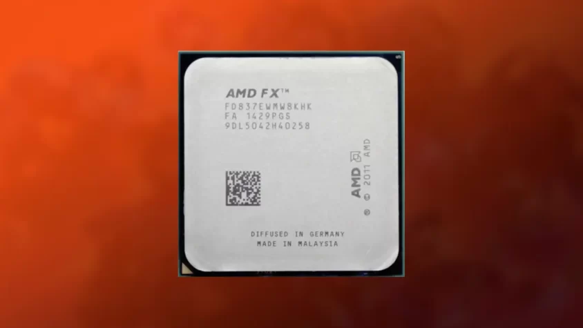 Процессор AMD FX-8370 на фоне огненного оттенка.