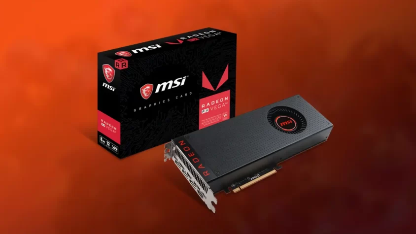 Видеокарта AMD RX Vega 64 на фоне упаковки с логотипом MSI.