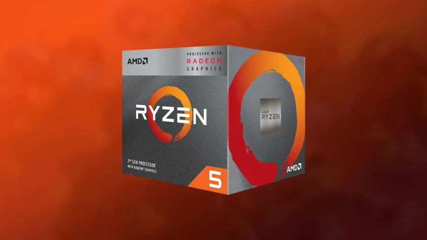 Яркая упаковка процессора AMD Ryzen 5 3400G на оранжевом фоне.
