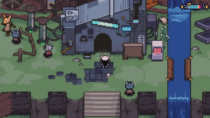 Скриншот из игры Anode Heart: Seek и Тама на фоне Stack Island