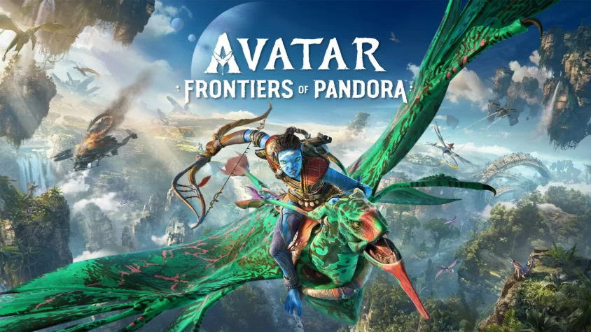 Обложка игры Avatar: Frontiers of Pandora На'ви на банши сражается на фоне летающих гор