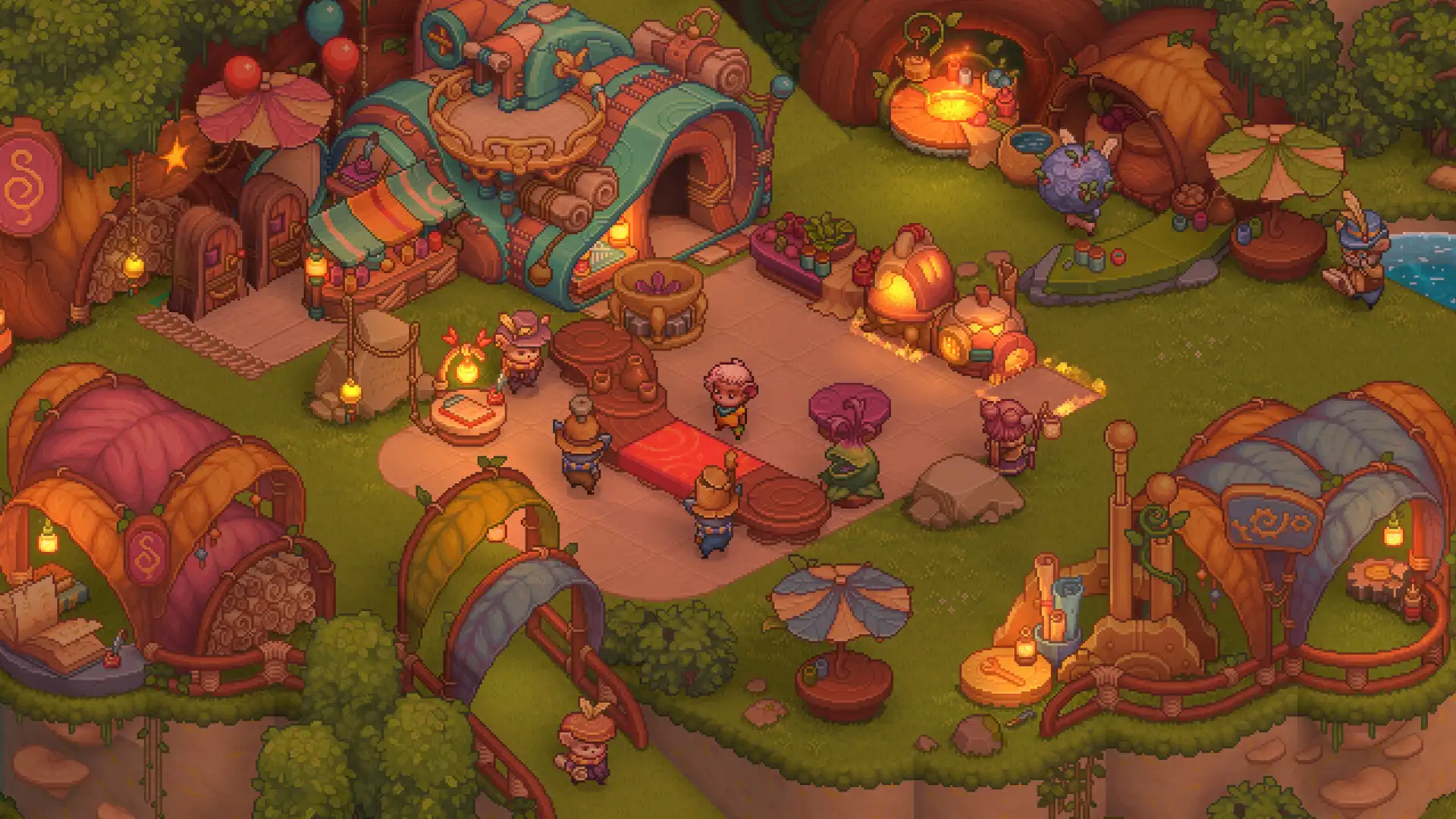 Ночной рынок в игре Bandle Tale с разноцветными лавками и персонажами
