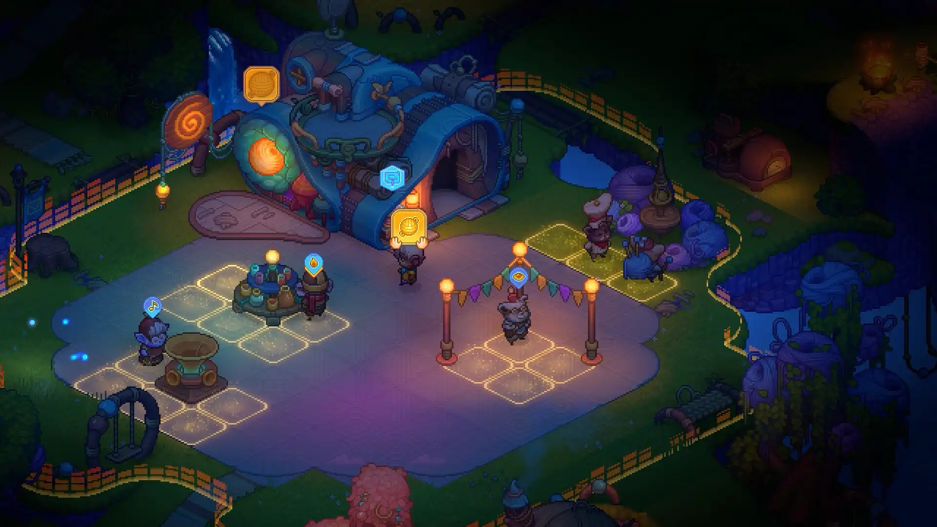 Ночная сцена в игре Bandle Tale с магическими лампами и персонажами